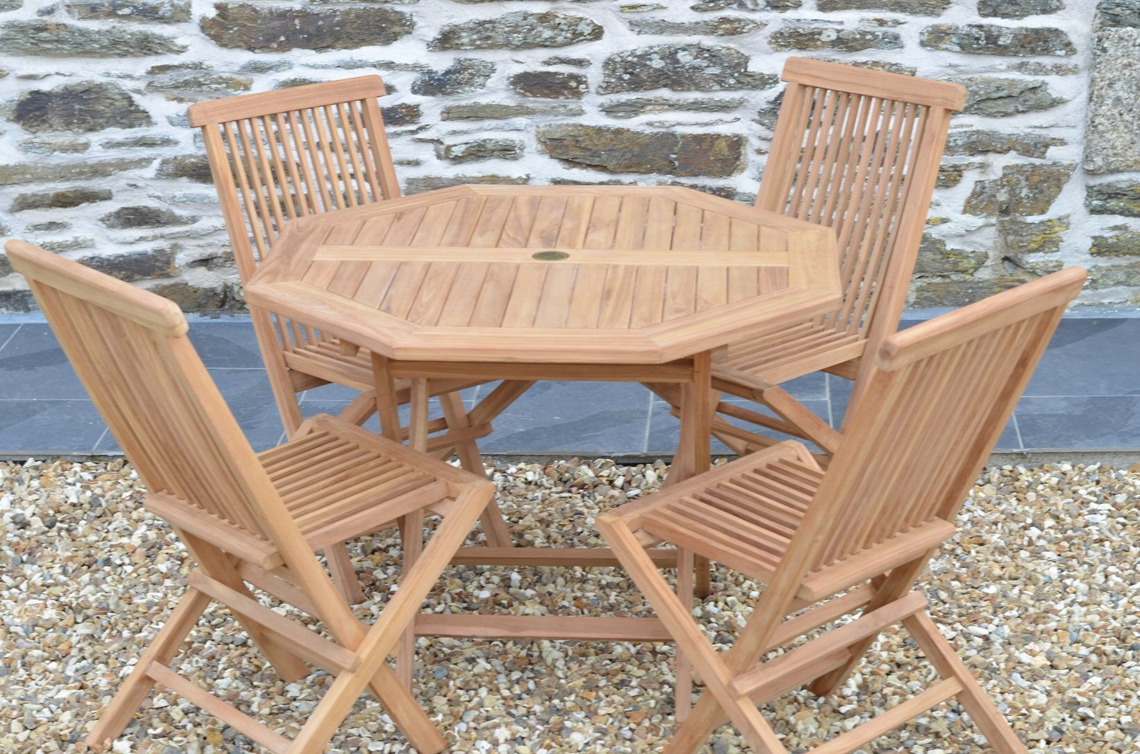 Teak Garden Dining Set | 4 Seater Set | Suffolk 1m Octagonal Teak Folding Table with 4 Teak Folding Chairs