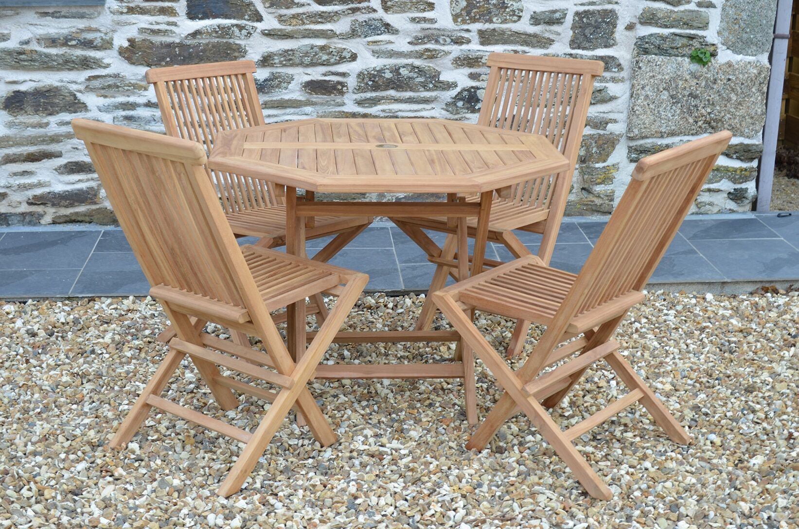 Teak Garden Dining Set | 4 Seater Set | Suffolk 1m Octagonal Teak Folding Table with 4 Teak Folding Chairs