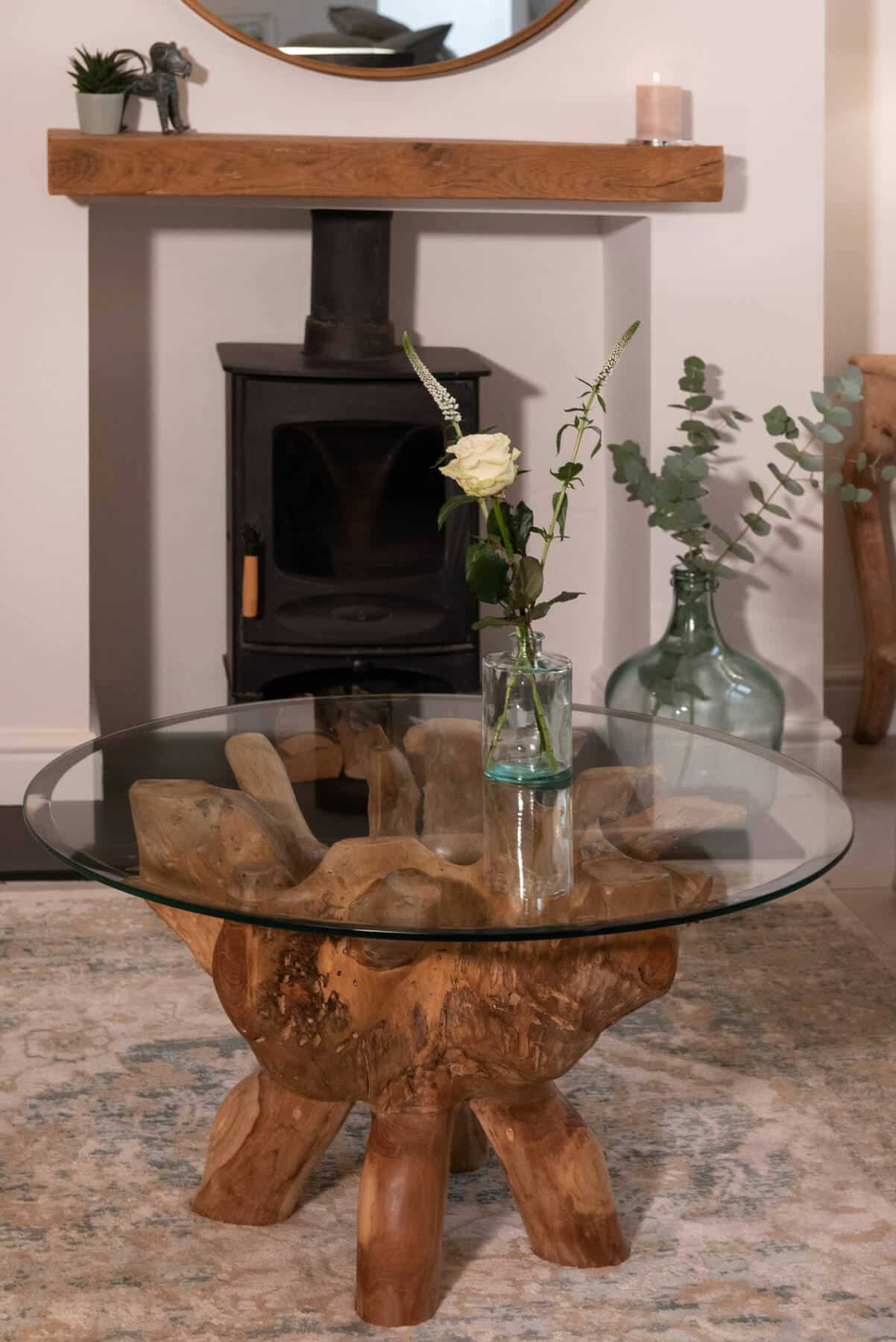 Teak Root Coffee Table with 1m Round Glass Top