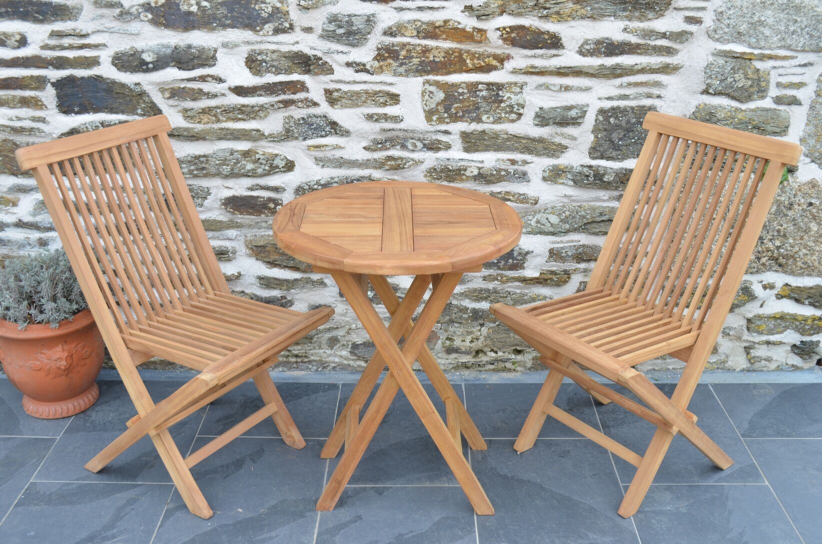 Teak Garden Bistro Set | 2 Seater Set | Mortimer 60cm Round Teak Folding Table with 2 Teak Folding Chairs