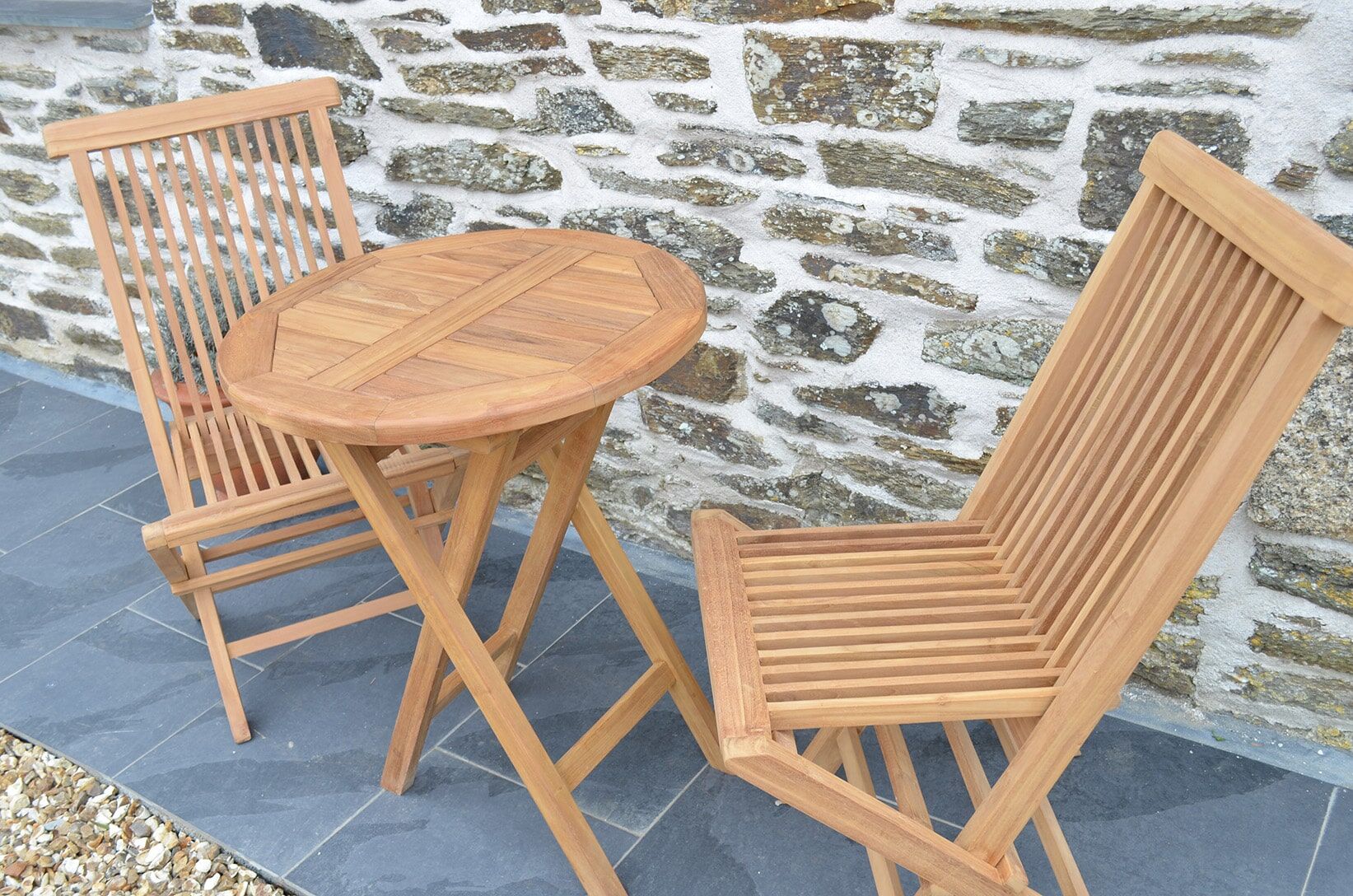 Teak Garden Bistro Set | 2 Seater Set | Mortimer 60cm Round Teak Folding Table with 2 Teak Folding Chairs