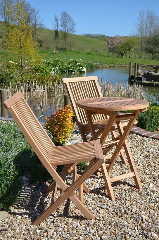 Teak Garden Bistro Set | 2 Seater Set | Mortimer 60cm Round Teak Folding Table with 2 Teak Folding Chairs