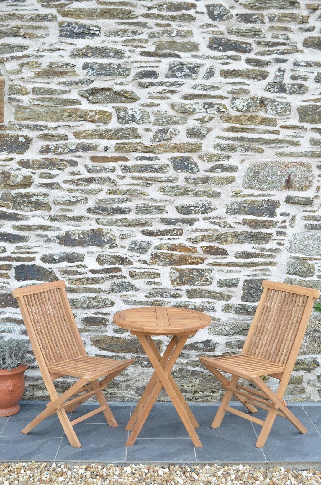Teak Garden Bistro Set | 2 Seater Set | Mortimer 60cm Round Teak Folding Table with 2 Teak Folding Chairs