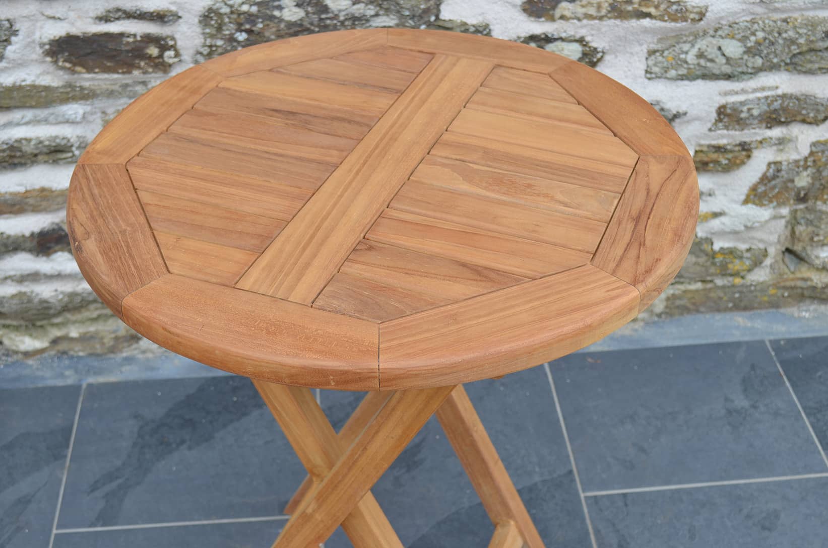 Teak Garden Bistro Set | 2 Seater Set | Mortimer 60cm Round Teak Folding Table with 2 Teak Folding Chairs