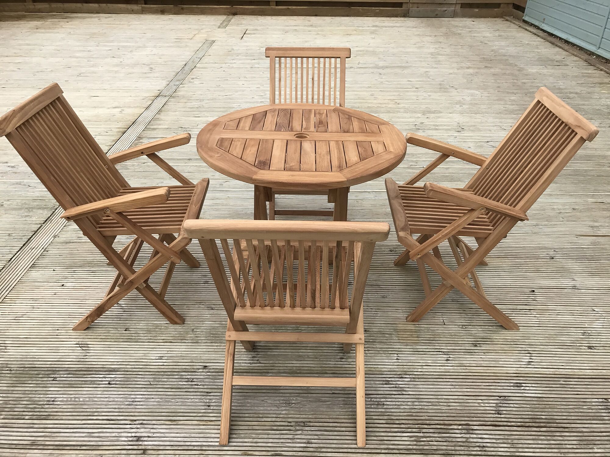 Teak Garden Dining Set | 4 Seater Set | Mortimer 80cm Round Teak Folding Table with 2 Folding Armchairs and 2 Folding Chairs