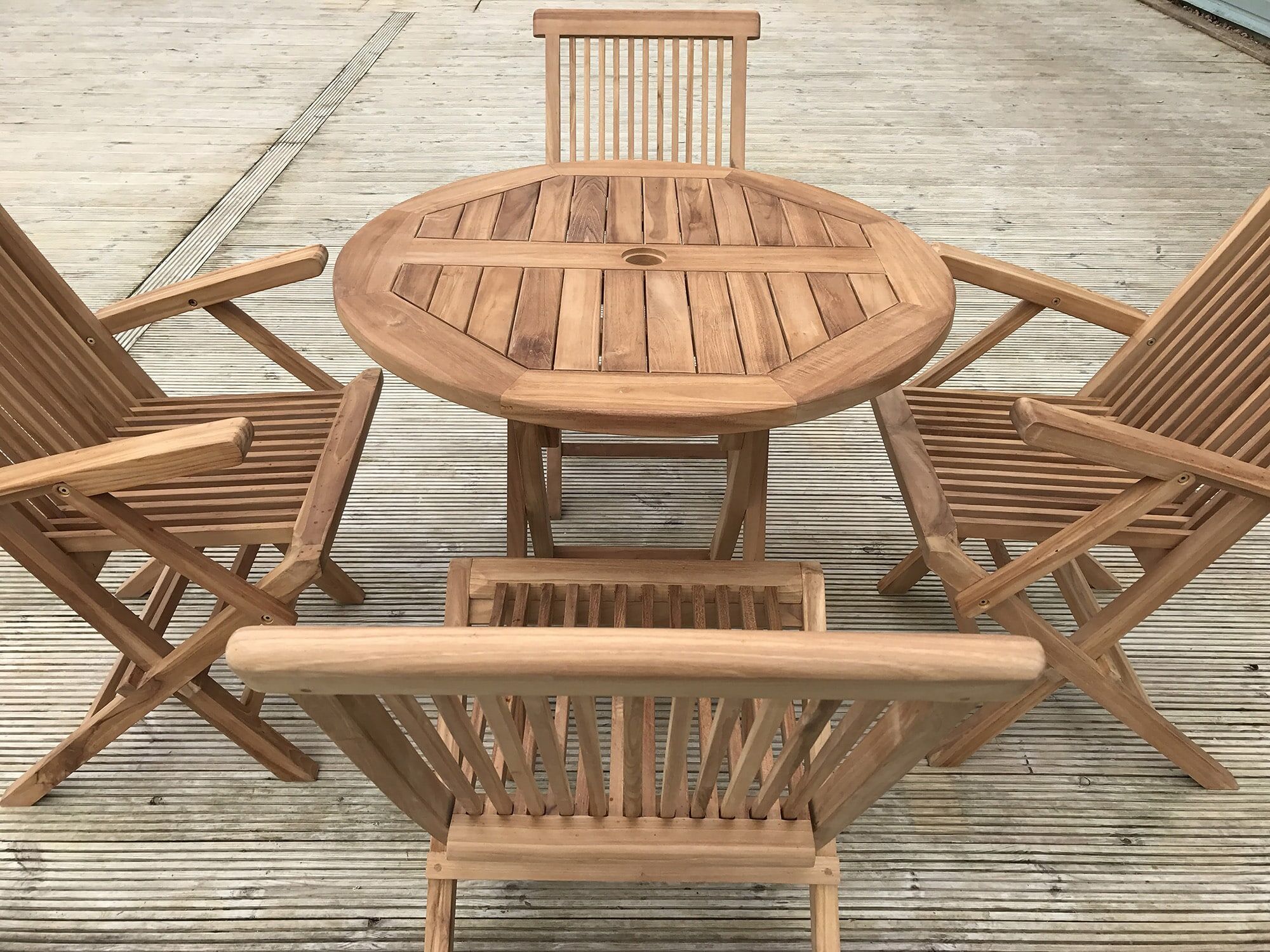 Teak Garden Dining Set | 4 Seater Set | Mortimer 80cm Round Teak Folding Table with 2 Folding Armchairs and 2 Folding Chairs