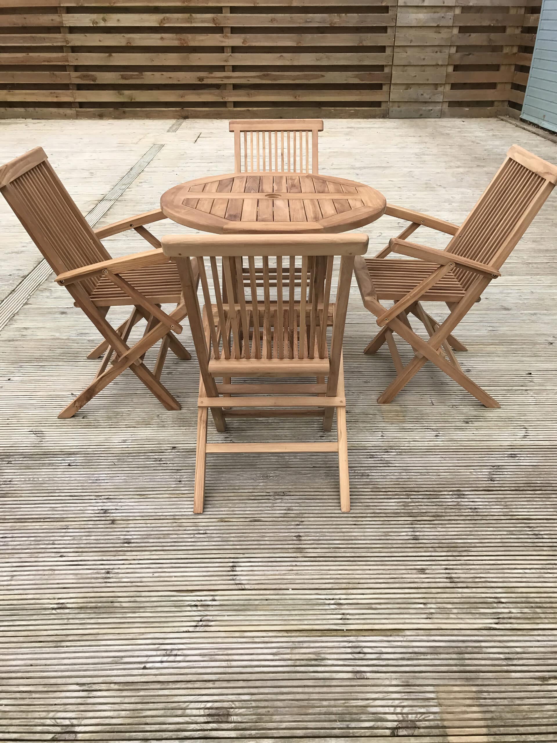 Teak Garden Dining Set | 4 Seater Set | Mortimer 80cm Round Teak Folding Table with 2 Folding Armchairs and 2 Folding Chairs