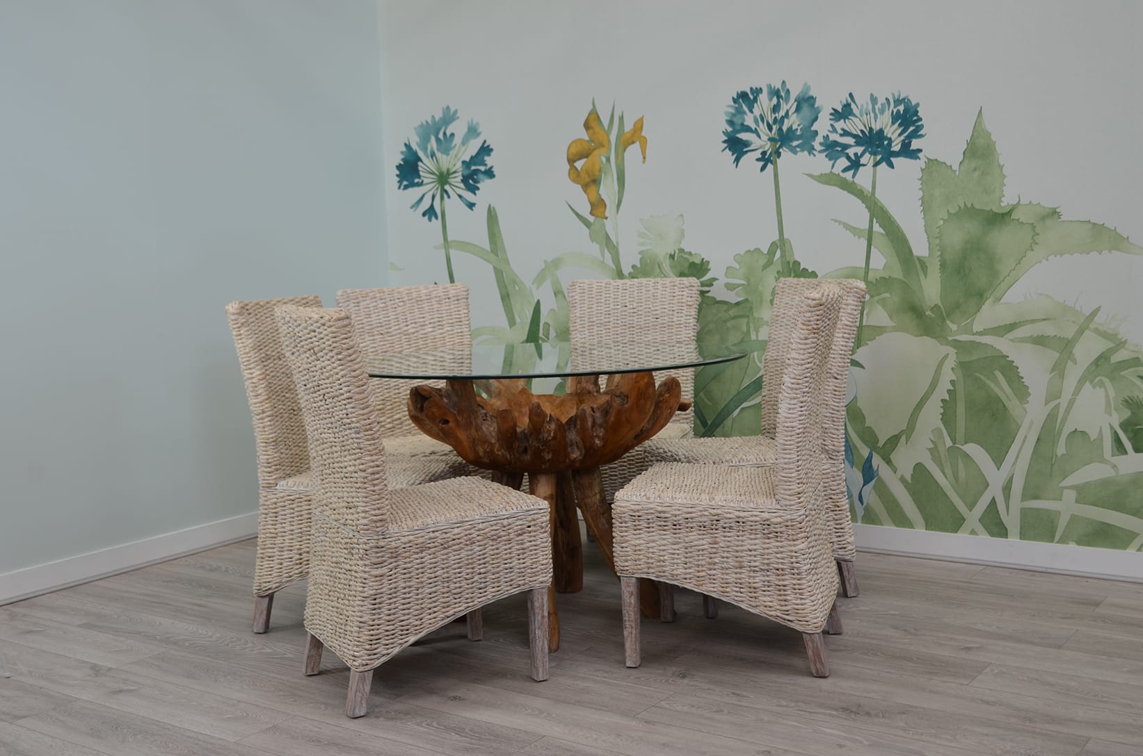 6 Seater Teak Root Dining Set | 1.2m Round Teak Root Table with 6 Whitewash Banana Leaf Dining Chairs
