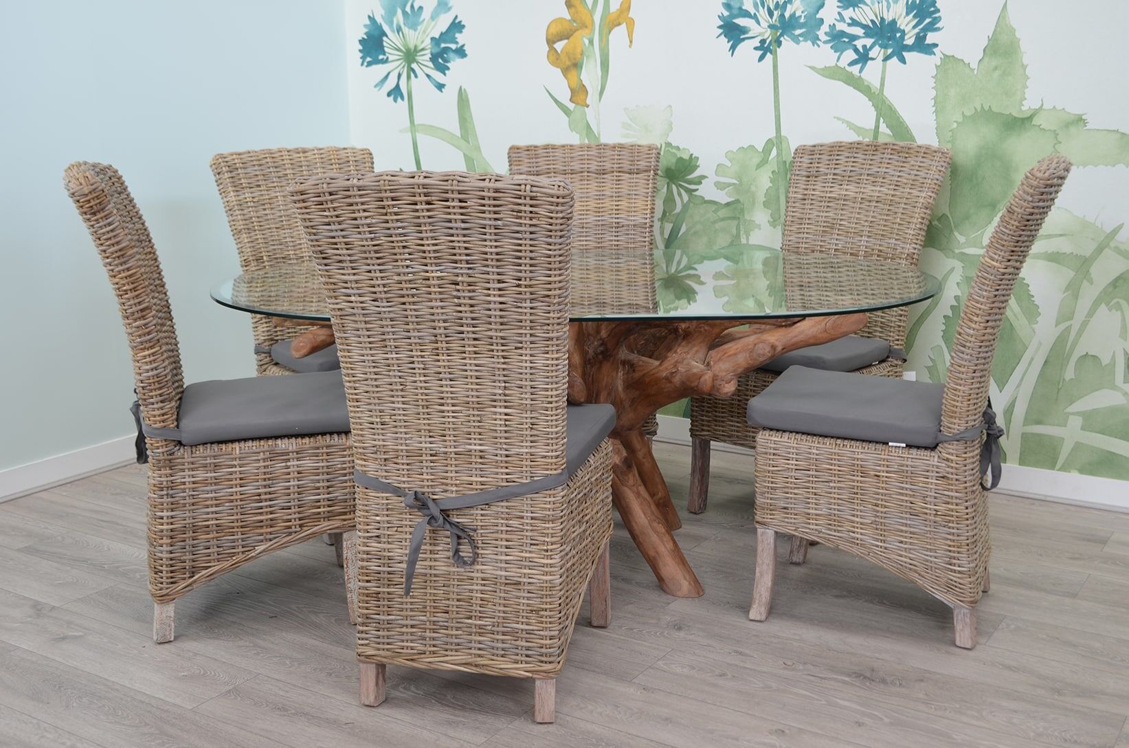 6 Seater Teak Root Dining Set | 1.8m Oval Teak Root Table with 6 Natural Kubu Rattan Dining Chairs and Grey Cushions