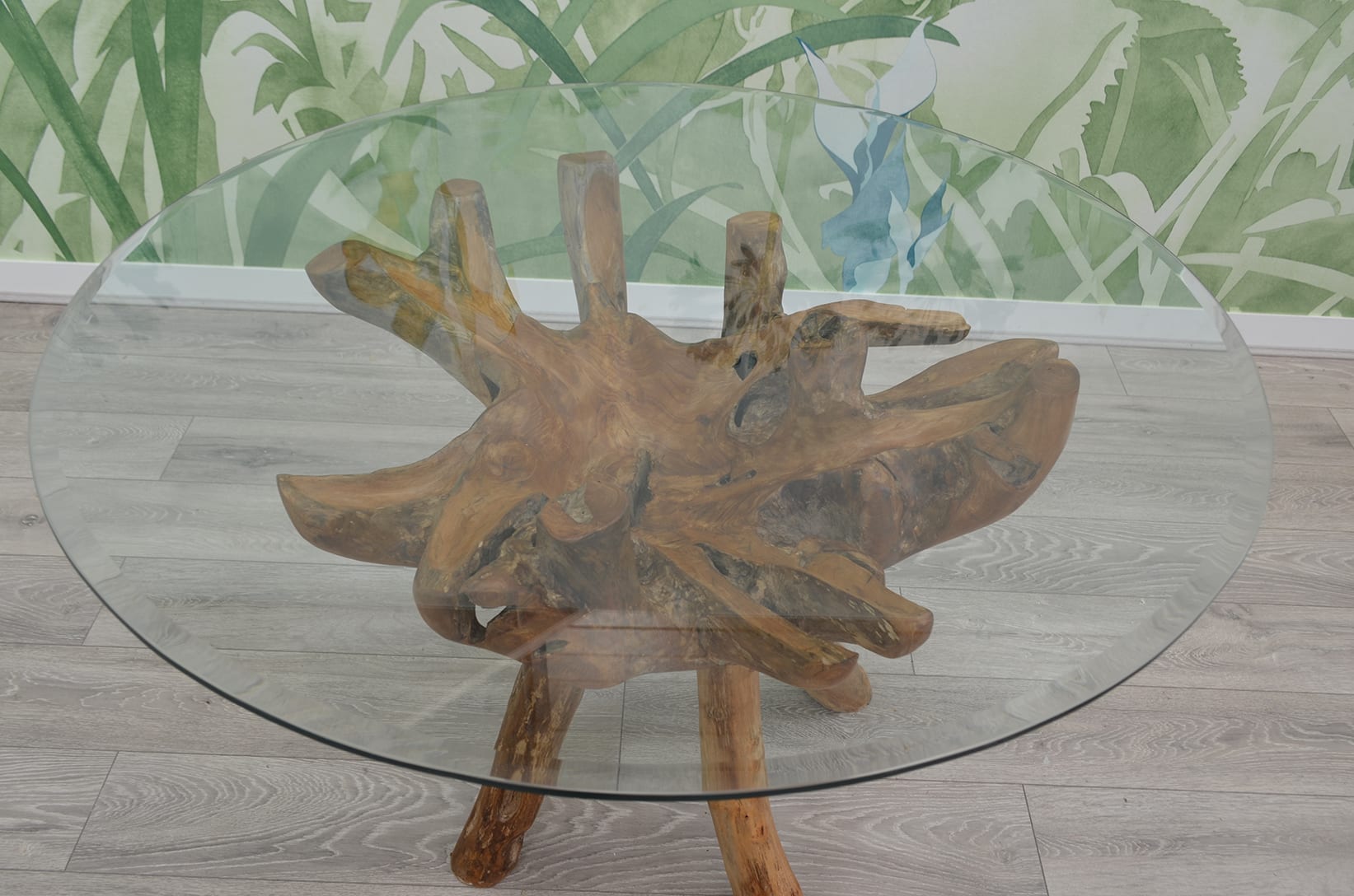6 Seater Teak Root Dining Set | 1.2m Round Teak Root Table with 6 Whitewash Banana Leaf Dining Chairs