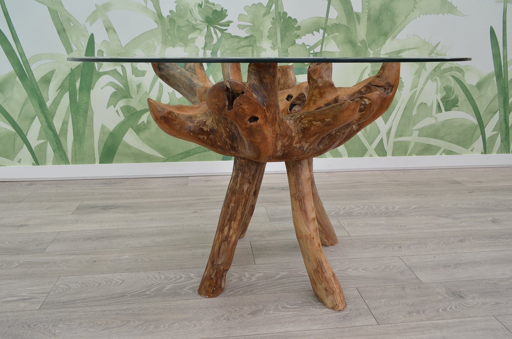 6 Seater Teak Root Dining Set | 1.2m Round Teak Root Table with 6 Whitewash Banana Leaf Dining Chairs