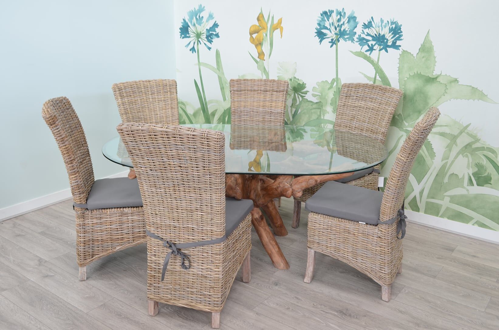6 Seater Teak Root Dining Set | 1.8m Oval Teak Root Table with 6 Natural Kubu Rattan Dining Chairs and Grey Cushions