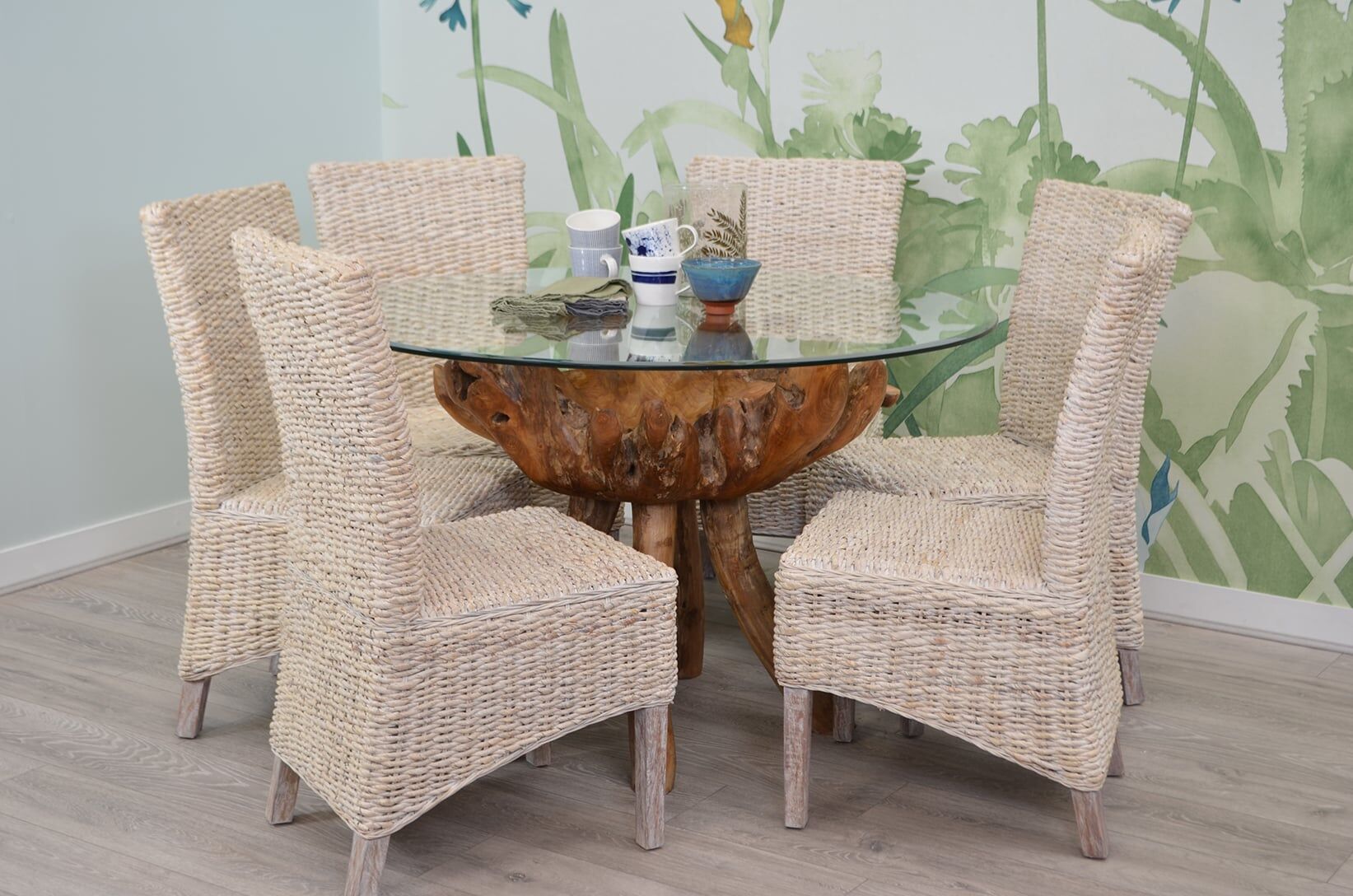 6 Seater Teak Root Dining Set | 1.2m Round Teak Root Table with 6 Whitewash Banana Leaf Dining Chairs