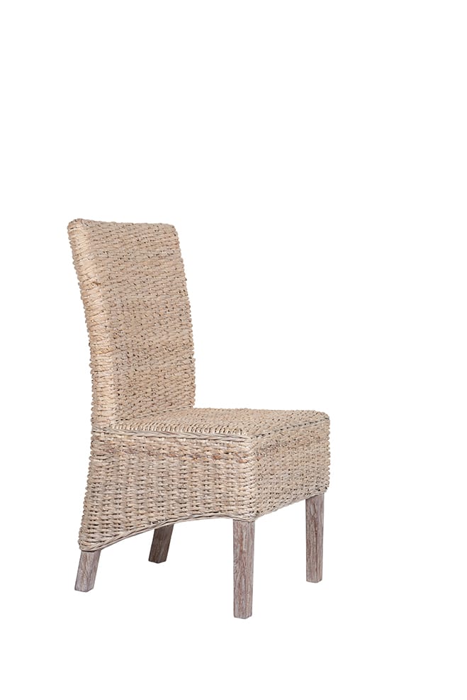 6 Seater Teak Root Dining Set | 1.2m Round Teak Root Table with 6 Whitewash Banana Leaf Dining Chairs