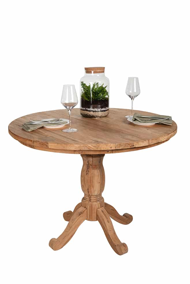 4 Seater Dining Set | 1m Round Reclaimed Teak Dining Table with 4 Live Edge Dining Chairs Full Length Back