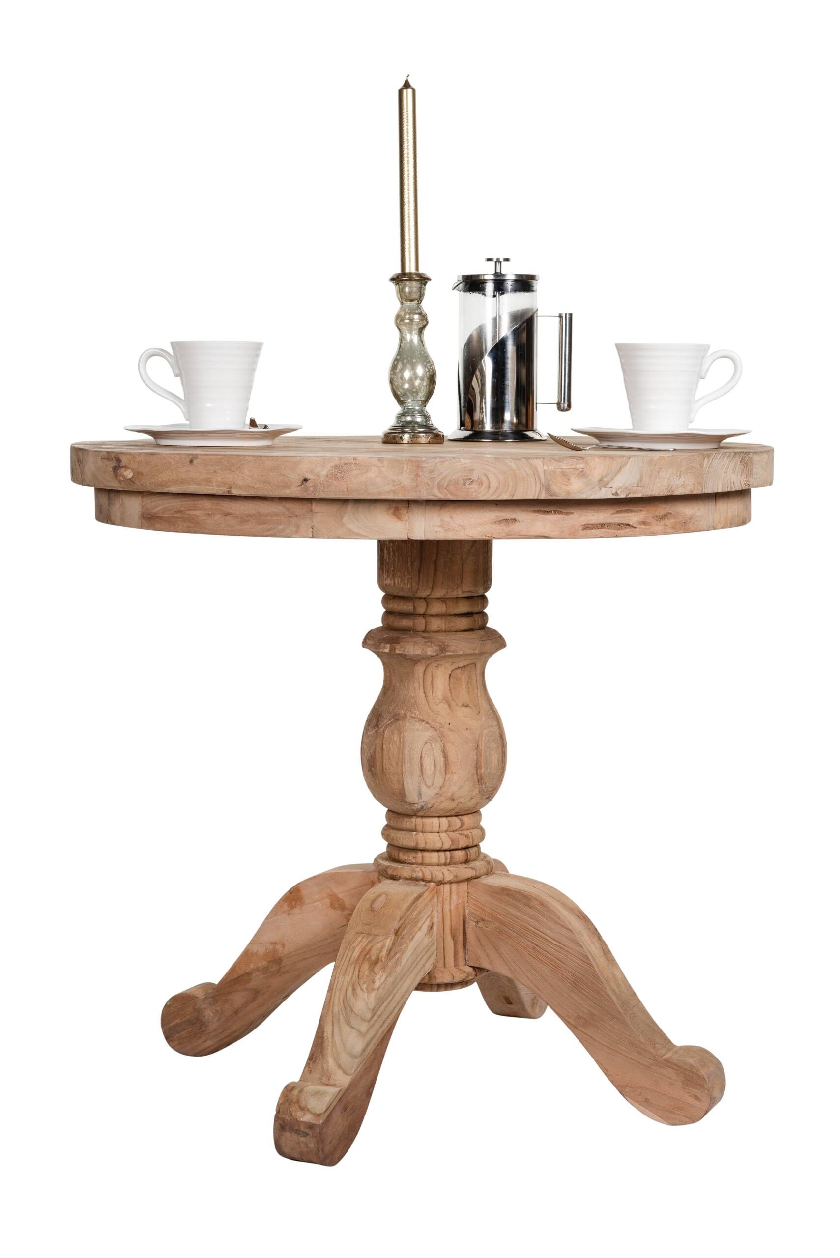 2 Seater Dining Set | 80cm Round Reclaimed Teak Dining Table with 2 Natural Kubu Rattan Wicker Dining Chairs and Natural Cushions