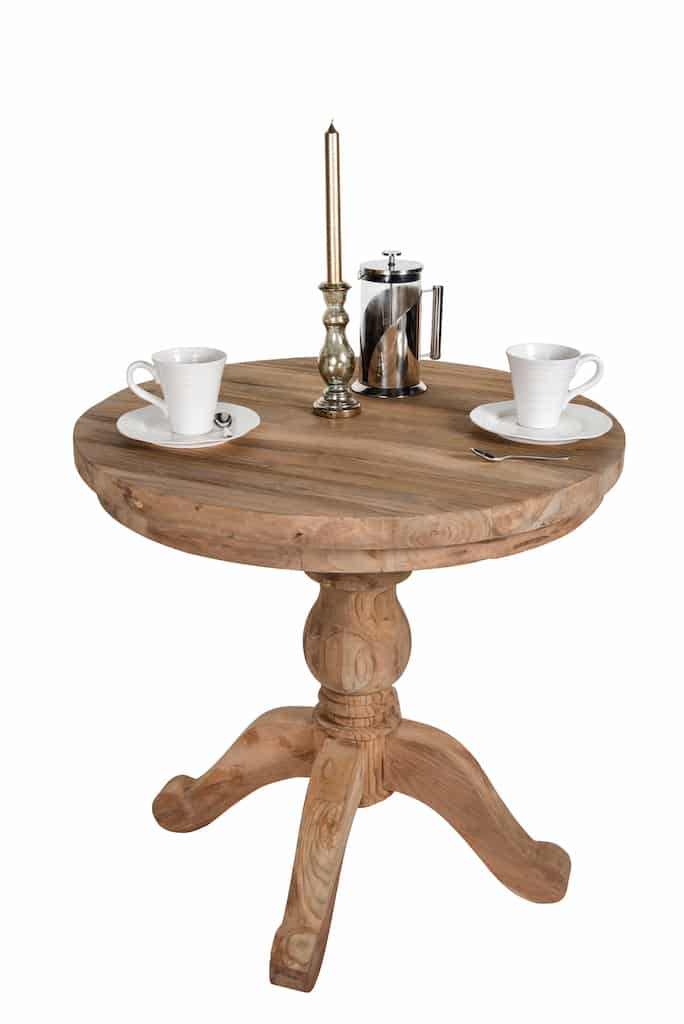 2 Seater Dining Set | 80cm Round Reclaimed Teak Dining Table with 2 Natural Kubu Rattan Wicker Dining Chairs and Natural Cushions
