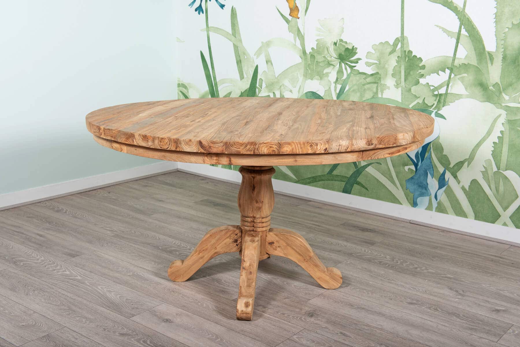 6 Seater Dining Set | 1.4m Round Reclaimed Teak Dining Table with 6 Live Edge Dining Chairs Full Length Back