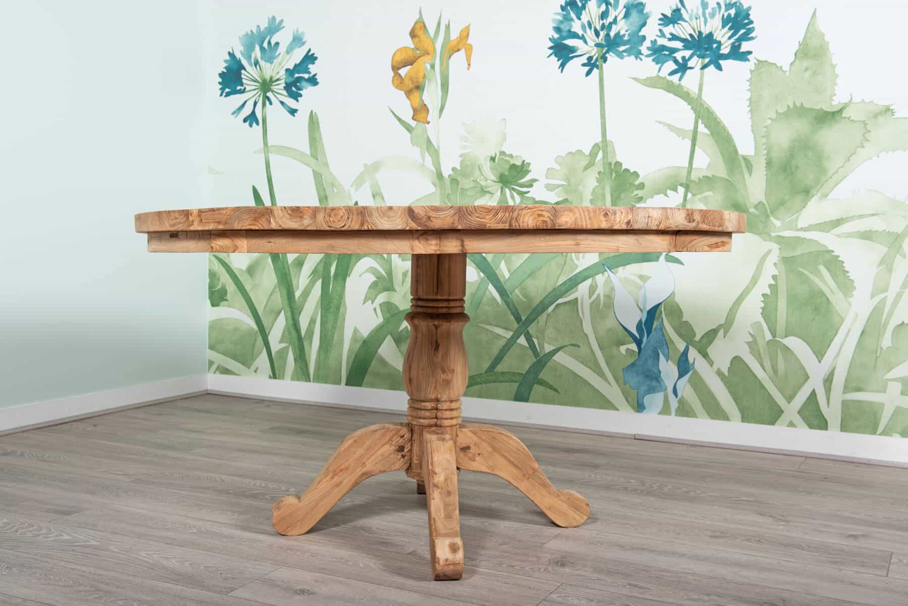 6 Seater Dining Set | 1.4m Round Reclaimed Teak Dining Table with 6 Live Edge Dining Chairs Full Length Back