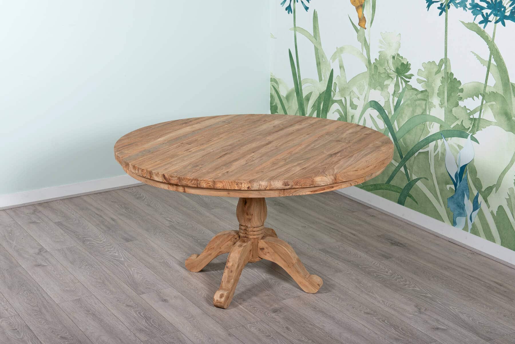6 Seater Dining Set | 1.4m Round Reclaimed Teak Dining Table with 6 Live Edge Dining Chairs Full Length Back