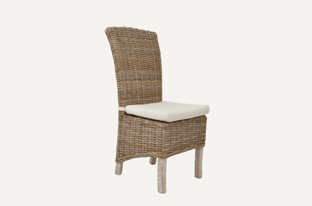 2 Seater Dining Set | 80cm Round Reclaimed Teak Dining Table with 2 Natural Kubu Rattan Wicker Dining Chairs and Natural Cushions