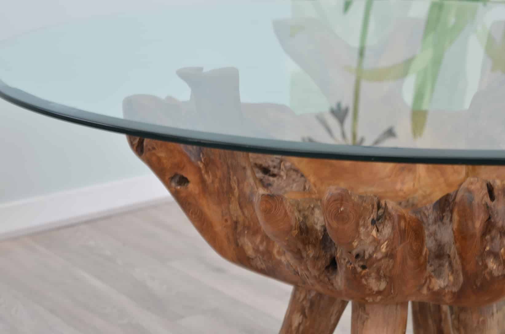 6 Seater Teak Root Dining Set | 1.2m Round Teak Root Table with 6 Whitewash Banana Leaf Dining Chairs