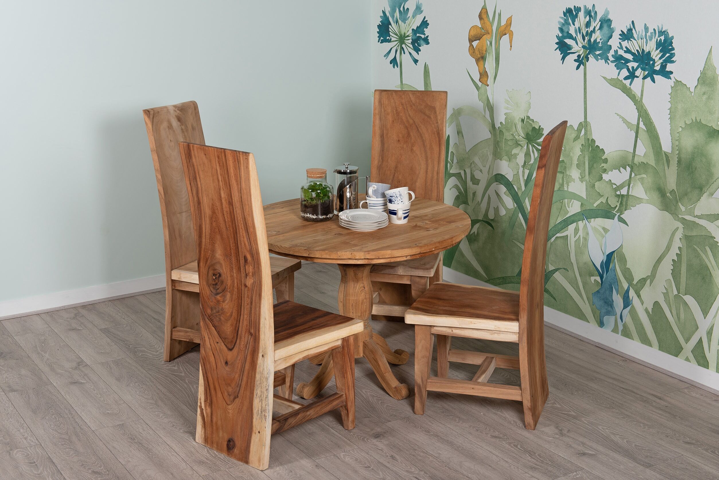 4 Seater Dining Set | 1m Round Reclaimed Teak Dining Table with 4 Live Edge Dining Chairs Full Length Back