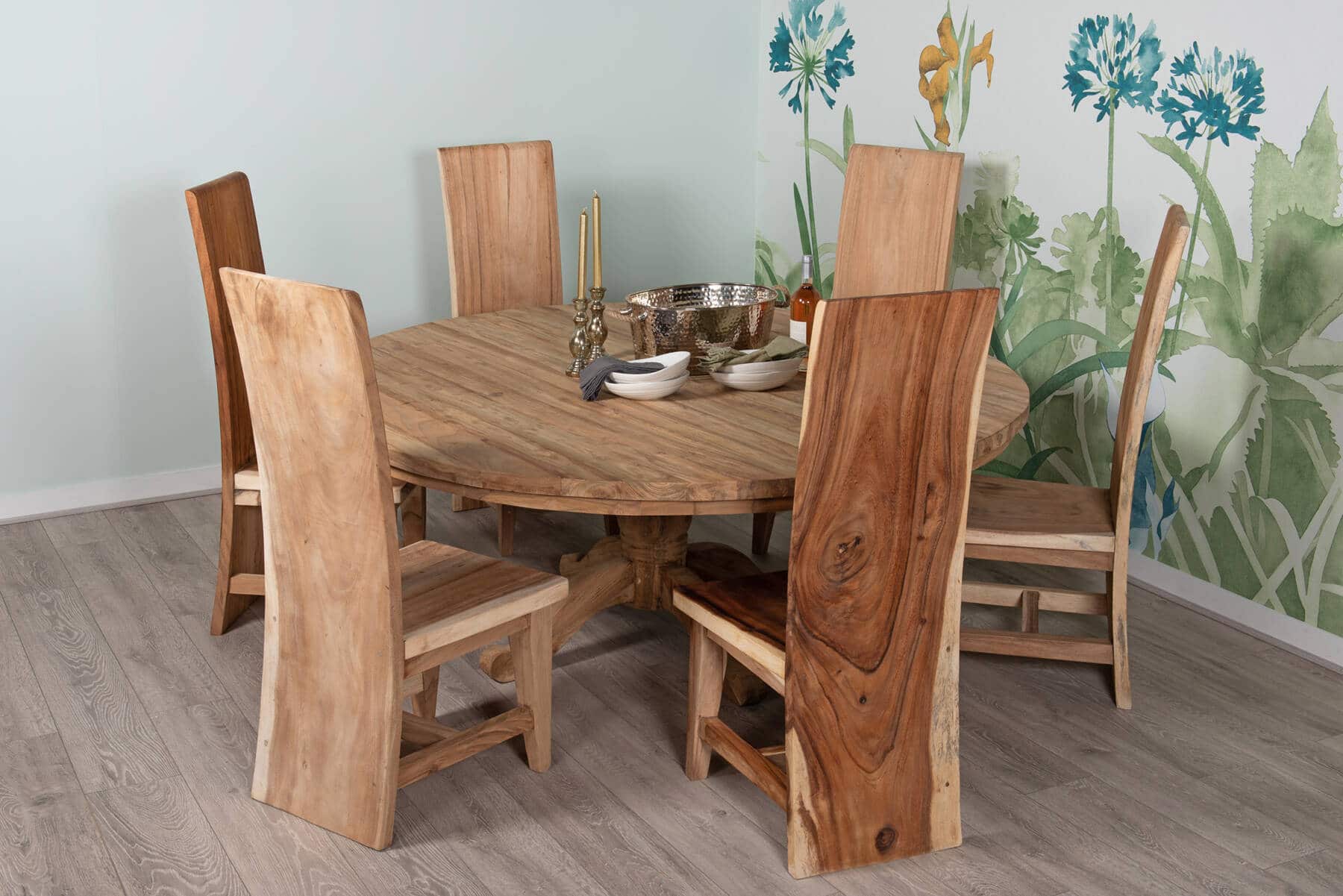 6 Seater Dining Set | 1.4m Round Reclaimed Teak Dining Table with 6 Live Edge Dining Chairs Full Length Back