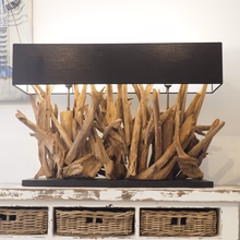 Teak root table lamp with black shade