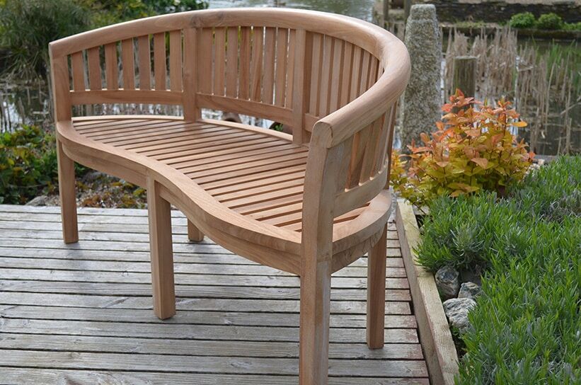 5 Seater Teak Garden Coffee Table Set - Teak Banana Coffee Table with 1 Teak Bath Banana Bench and 2 Teak Banana Chairs