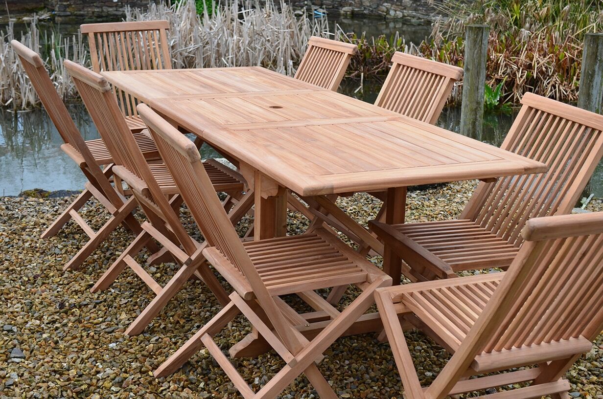 8 Seater Zennor Teak Garden Dining Set - Zennor Teak 1.5m-2.1m Rectangular Extending Table with 8 Teak Folding Chairs