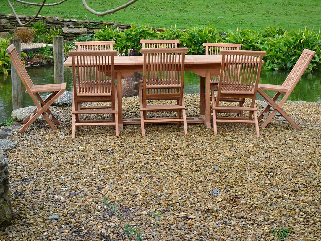 8 Seater Zennor Teak Garden Dining Set - Zennor Teak 1.5m-2.1m Rectangular Extending Table with 8 Teak Folding Chairs