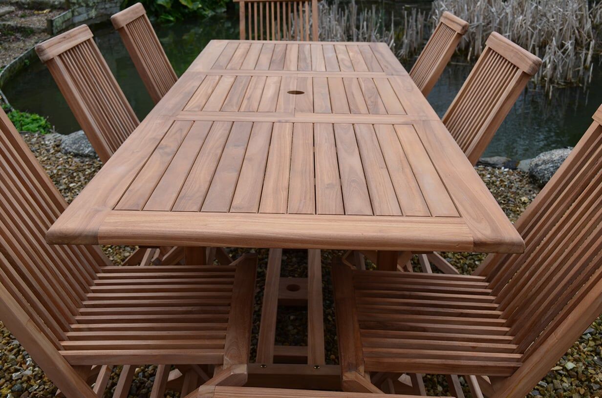 8 Seater Zennor Teak Garden Dining Set - Zennor Teak 1.5m-2.1m Rectangular Extending Table with 8 Teak Folding Chairs