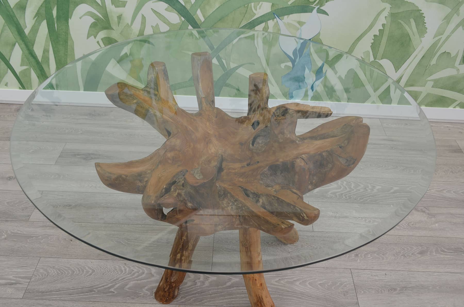 1.2m Round Teak Root Dining Table with Glass Top - Seats 4-6 People