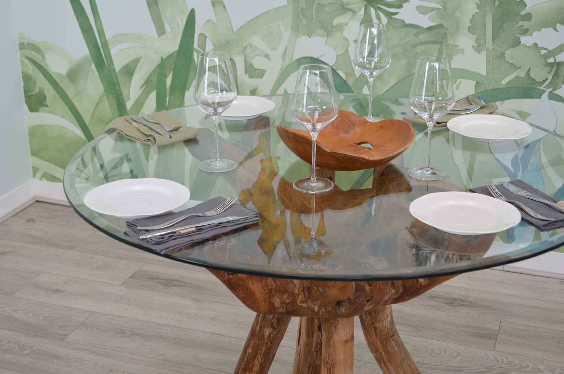 1.2m Round Teak Root Dining Table with Glass Top - Seats 4-6 People