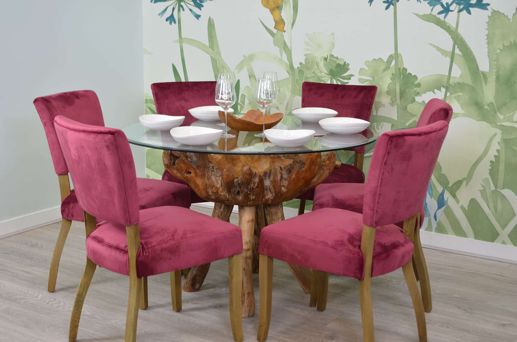 1.2m Round Teak Root Dining Table with Glass Top - Seats 4-6 People
