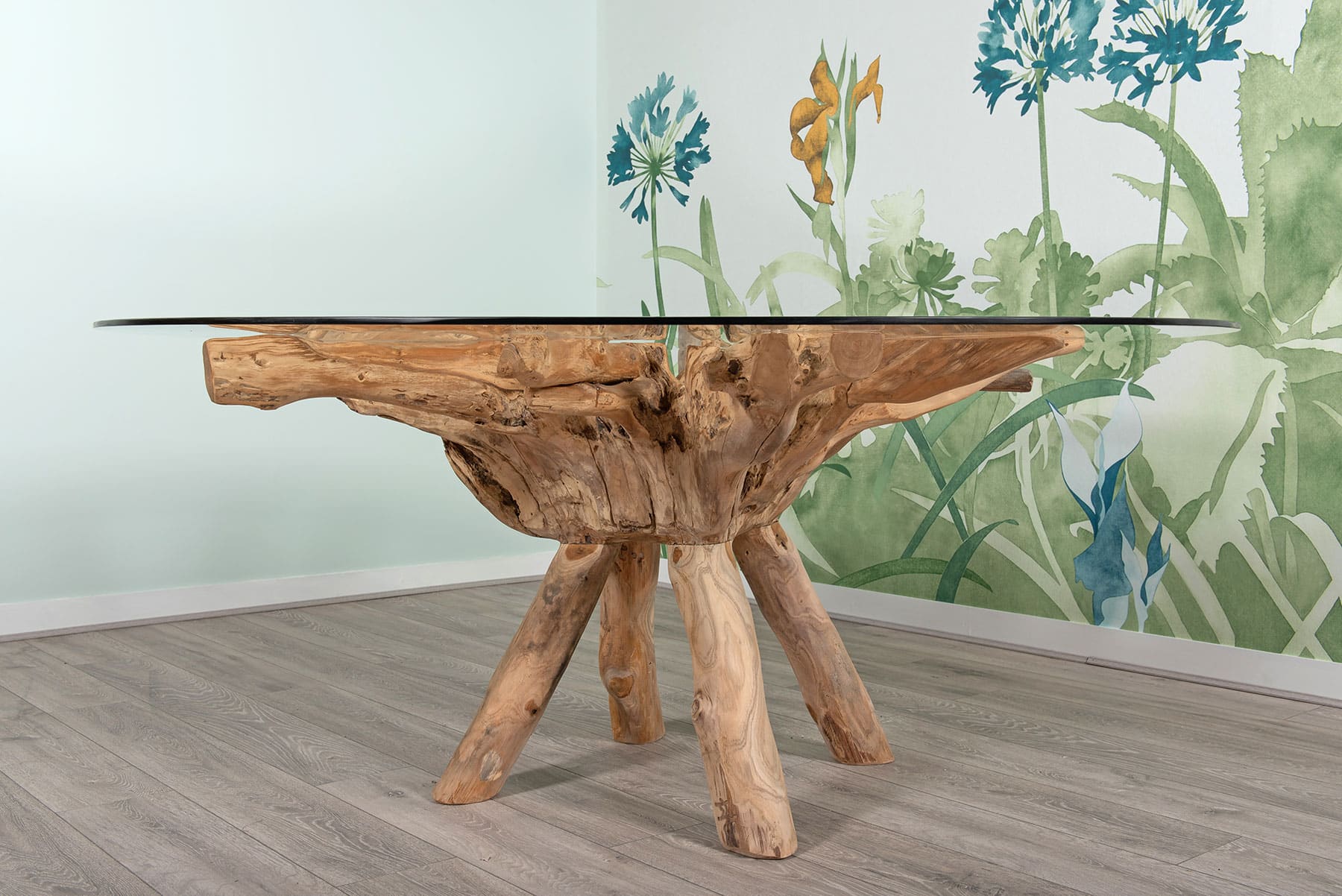 1.8m Round Teak Root Dining Table with Glass Top - Seats 6-8 People
