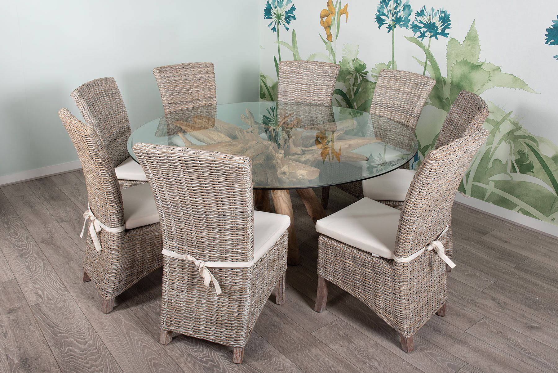 1.8m Round Teak Root Dining Table with Glass Top - Seats 6-8 People