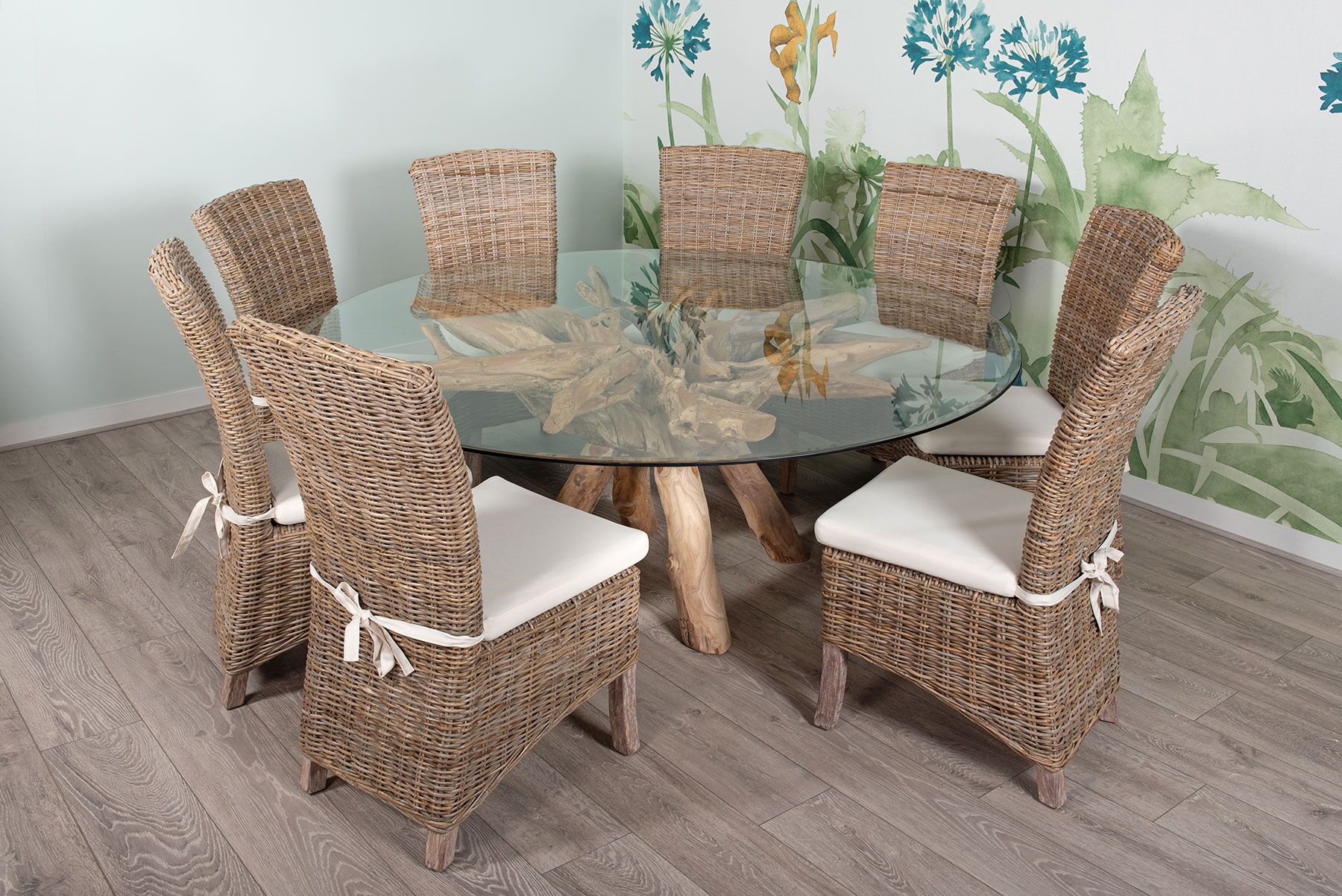 1.8m Round Teak Root Dining Table with Glass Top - Seats 6-8 People