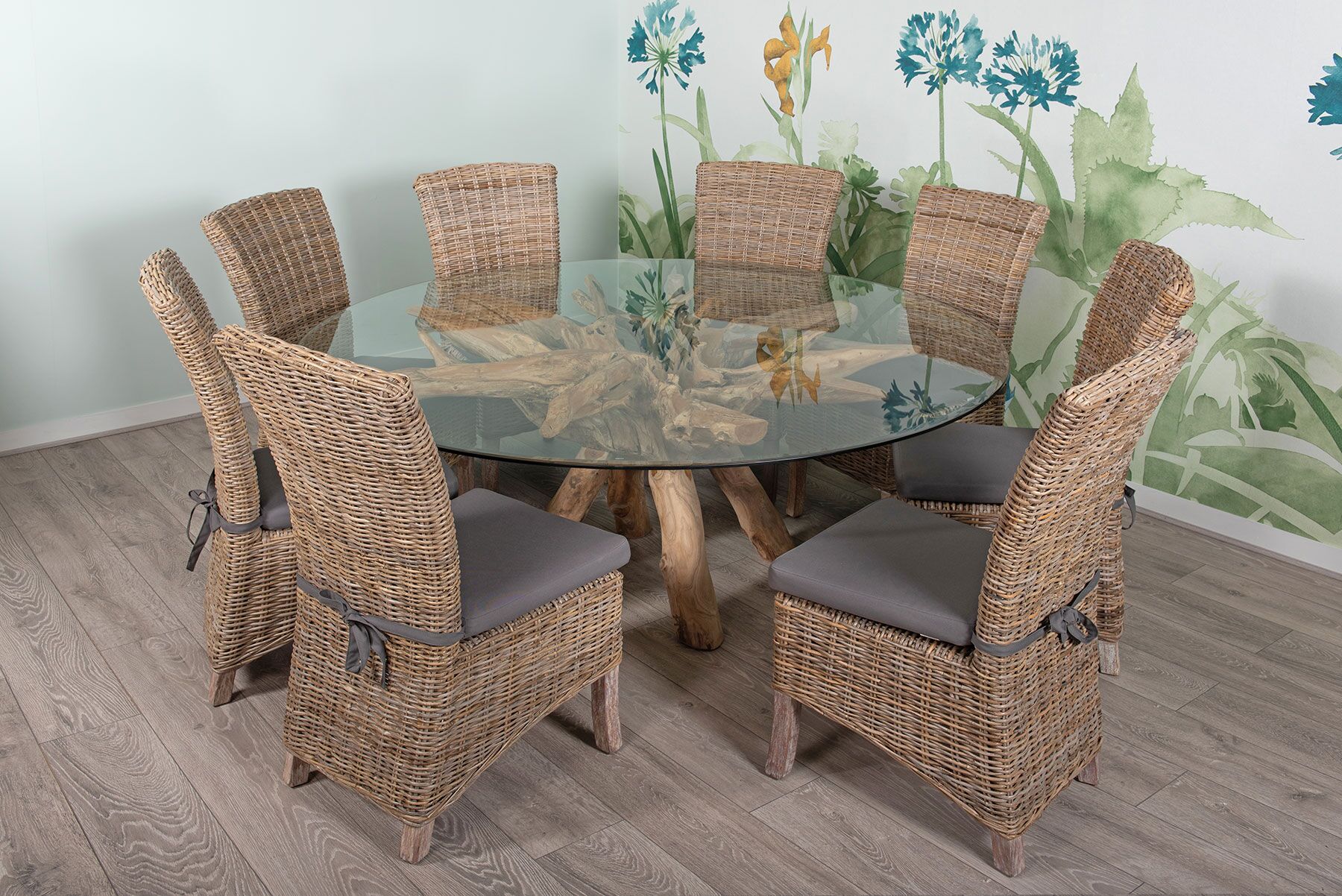 1.8m Round Teak Root Dining Table with Glass Top - Seats 6-8 People