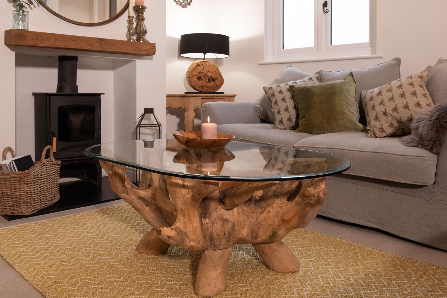Teak Root Coffee Table with 1.2m Oval Glass Top