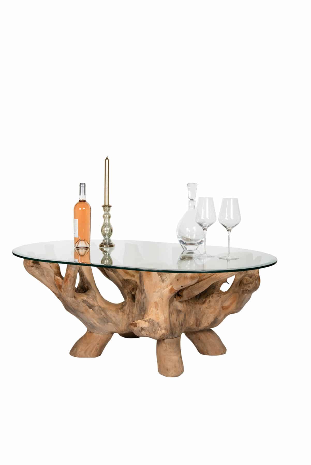 Teak Root Coffee Table with 1.2m Oval Glass Top
