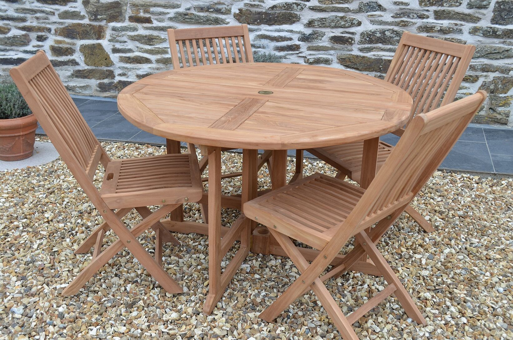 4 Seater Bucklebury Teak Garden Dining Set - Bucklebury 1.2m Round Gateleg Table with 4 Premium Teak Folding Chairs