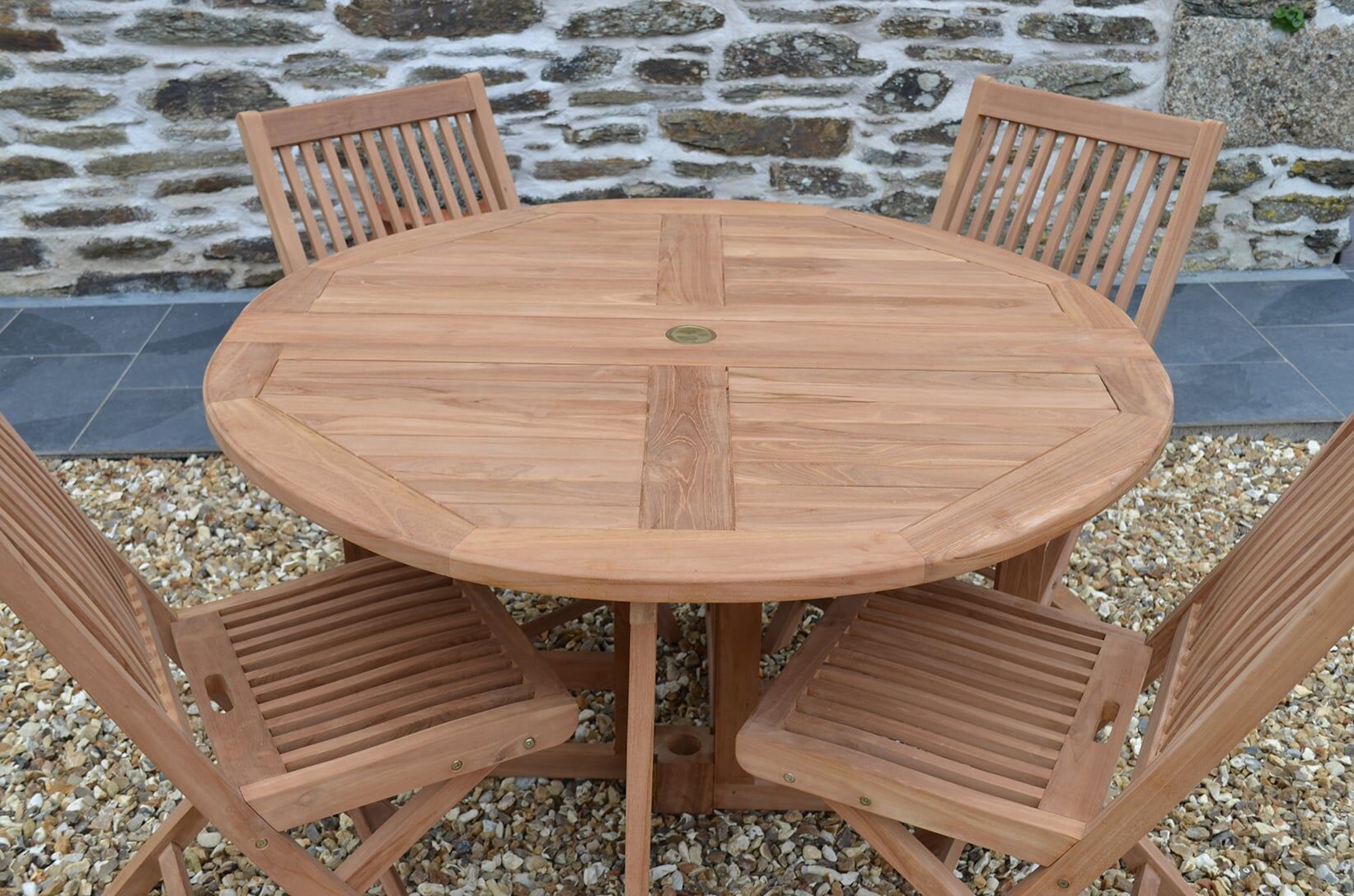 4 Seater Bucklebury Teak Garden Dining Set - Bucklebury 1.2m Round Gateleg Table with 4 Premium Teak Folding Chairs