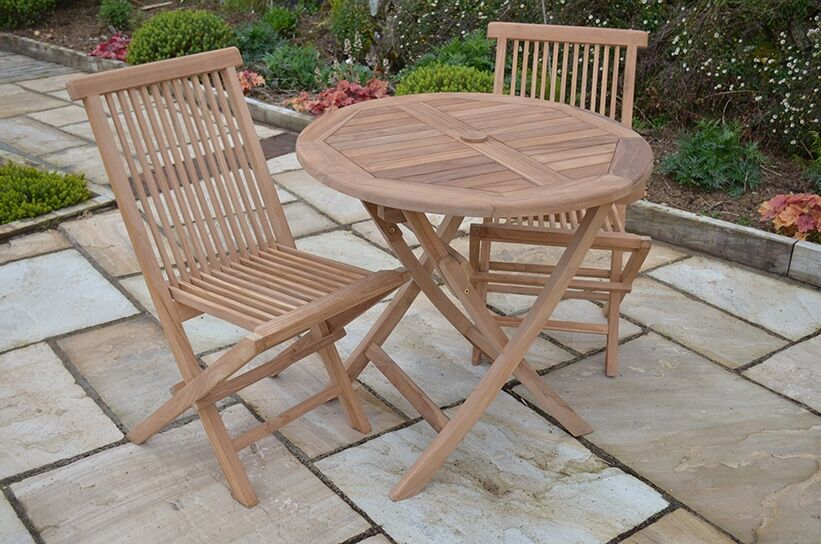 Teak Garden Dining Set | 2 Seater Set | Mortimer 80cm Round Teak Folding Table with 2 Teak Folding Chairs