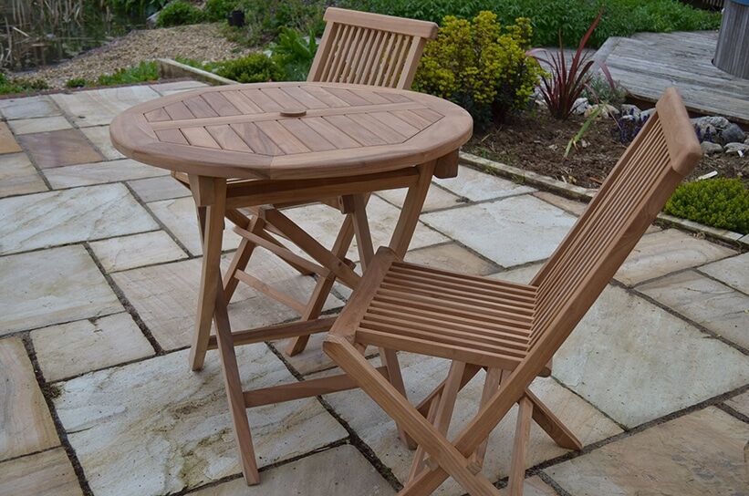 Teak Garden Dining Set | 2 Seater Set | Mortimer 80cm Round Teak Folding Table with 2 Teak Folding Chairs