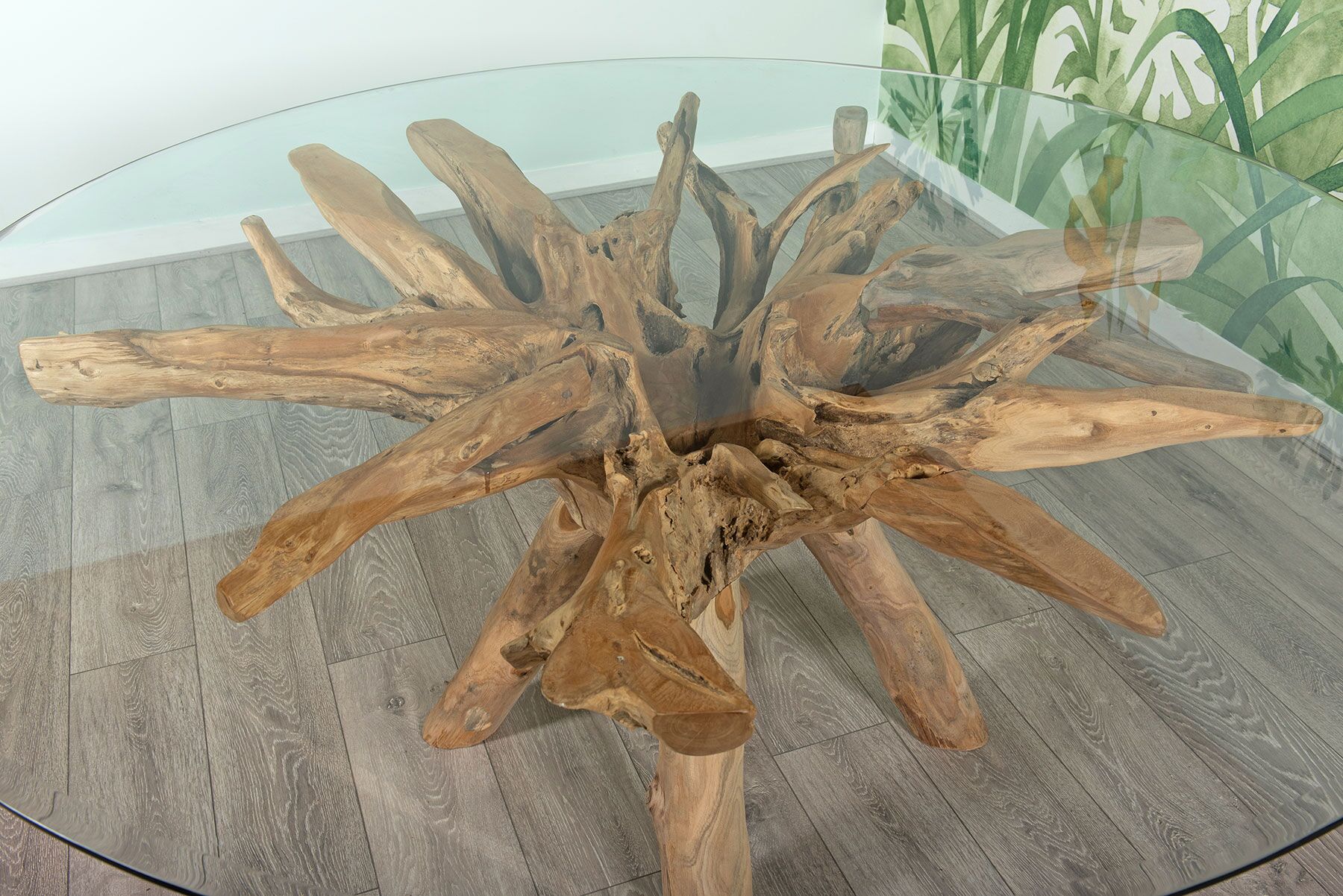 1.8m Round Teak Root Dining Table with Glass Top - Seats 6-8 People