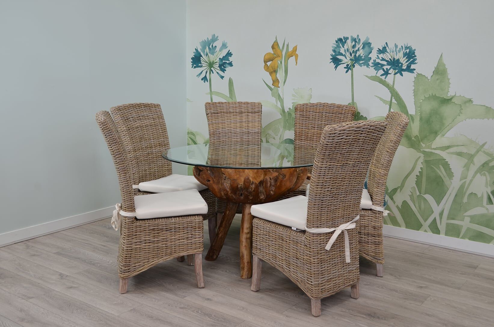 6 Seater Teak Root Dining Set | 1.2m Round Teak Root Table with 6 Natural Kubu Rattan Dining Chairs and Natural Cushions
