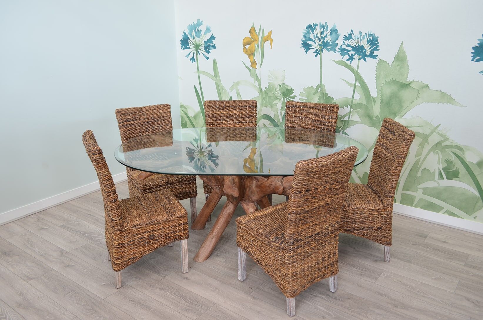 6 Seater Teak Root Dining Set | 1.8m Oval Teak Root Table with 6 Natural Banana Leaf Dining Chairs