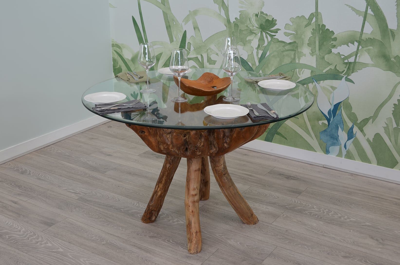 4 Seater Teak Root Dining Set | 1.2m Round Teak Root 1.2m Dining Table with 4 Natural Kubu Rattan Dining Chairs and Grey Cushions